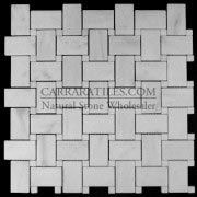 Carrara Marble Italian White Bianco Carrera Basketweave Mosaic Tile with Bianco Carrara Dots Polished