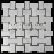 Carrara Marble Italian White Bianco Carrera Basketweave Mosaic Tile with Green Dots Honed